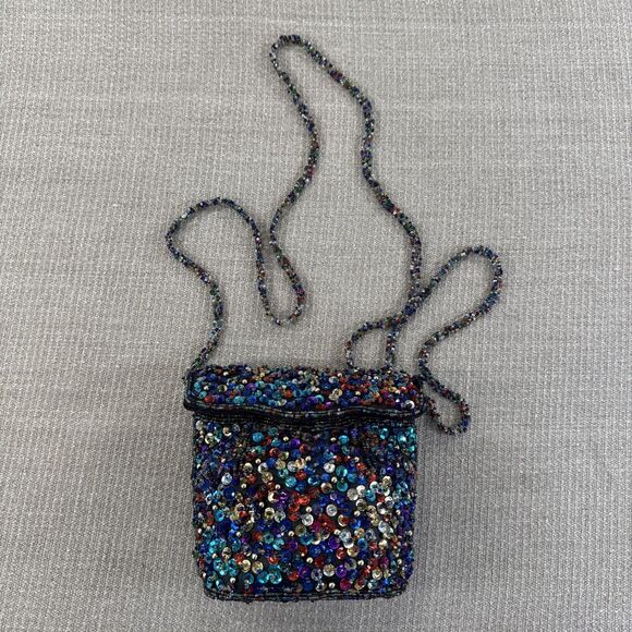 Vintage Beaded Crossbody Black Sequin Purse Holiday Evening Bag Event Clutch - Picture 2 of 8
